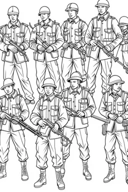 Outline art for coloring page OF A BOX OF 1945 TOY SET OF U.S. PLASTIC TOY ARMY SOLDIERS, coloring page, white background, Sketch style, only use outline, clean line art, white background, no shadows, no shading, no color, clear