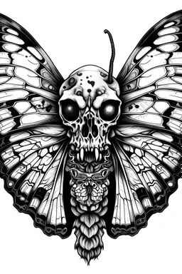 king black and white realistic moth drawing with headskull body and eyes on the upper wings