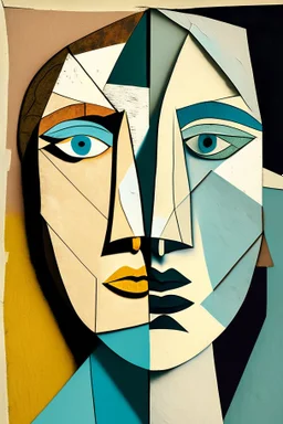 Faces of two friends made with mid-century modern collage Picasso style