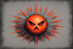 fuzzy orange ball with red eyes and a giant gray spike in shepard fairey art style