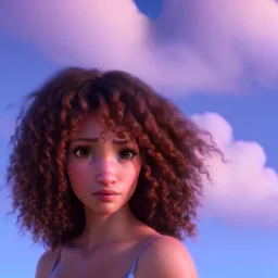 portrait, curly hair, woman, brown eyes, sunkissed, final fantasy, ethereal, 8k quality, highly detailed, galaxy sky, dynamic lighting, rdshift difusion, clouds