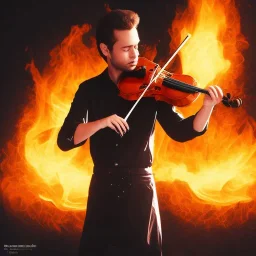 violin on fire, playing notes in a volcano