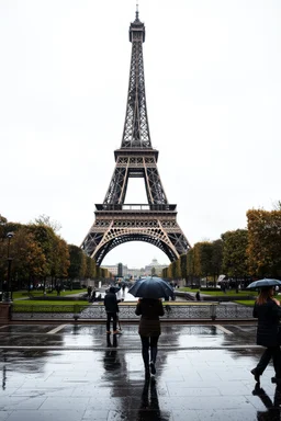 around Eiffel tower a few people with umbrella walking while it is raining and the Eiffel is seen complete