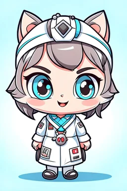 Design a chibi nurse kitty character with cute proportions and exaggerated features for a mobile gaming audience. Emphasize the character's small size, large head, and playful demeanor while maintaining a professional appearance suitable for a nurse. The character should stand on two feet and be dressed in a nurse's uniform, appealing to players who enjoy adorable and whimsical aesthetics. Exaggerate the character's head and facial features to enhance its cuteness and charm. Keep the body compa