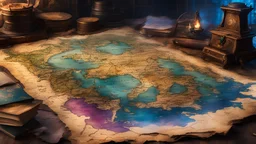 a magical map leading to FAELAND, torn and worn, sitting on a wizard's desk, spilled multicolored ink, high quality, imagination, 8k, fantasy art