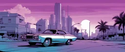 comic book illustration looking straight ahead, change to background Vice City purple and blue paint