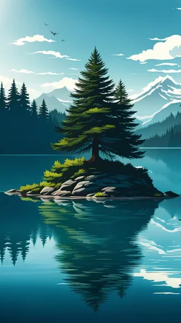 A fir tree in an islet in the middle of a calm lake,vector