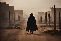 hooded stranger walking the dusty wasteland, hidden face, crashed airplane in background, heads on poles