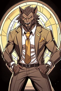 Buff, anthro, wolf, himbo, black fur, gold eyes, wearing a suit, full-body, muscles, strong, muscular, man boobs, bulky, tail, dark fur, smug grin, hands on hips, furry-himbo, broad shoulders, wide hips,