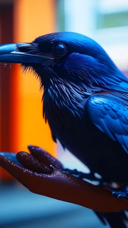 A hand holding a crow, realistic , pro photography , high quality, and cenmatic scene