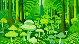 A lime green cloudy forest with puffy mushrooms painted by Henri Matisse