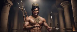 Hyper Realistic shirtless muscular handsome short black hair Indian King smiling wearing crown & holding bow & arrow in dark catacombs with traditional pillars at night