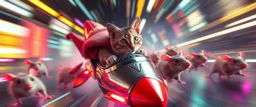 rocket ship cat captain in high speed pursuit among neon rats, with background motion blur