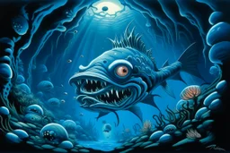 A blue underwater abyss with angler fish designed in Japanese Oni masks painted by Thomas Hart Benton