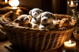 Cute but quirky stuffed animals lie in a carved basket on a soft sling, by candlelight