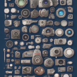 components of the camera laid out flat. poster design. high detailed. oil on canvas.