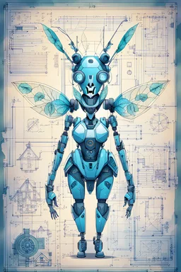 Hand drawn technical illustration , with detailed blueprints and engineering schematics of a robotic hybrid walking leaf insect girl, with highly detailed facial features, drawings, and technical notation, 8k, vibrant natural colors