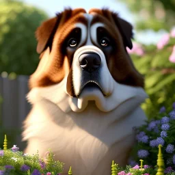 pixar style, volumetric summer garden environment and background, realistic painting of saint Bernard, looking excited, volumetric lighting, dramatic lighting, detailed digital painting, extreme dense and fine fur, anime, ornate, colour-washed colors, elegant, small minutiae, tiny features, particulars, centered, smooth, sharp focus, renderman gofur render, 8k, uhd, detailed eyes, realistic shaded volumetric lighting, sunlight caustics, backlight, centered camera view