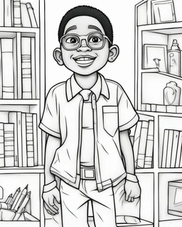 coloring page, depicting a black kid as a doctro, full body, outline, black and white, highly defined, white background, empty background, cartoon style, coloring book style