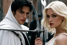 two angels face to face: a dark pale brunette with a scythe in front of a blonde man with a mace (photo from a movie by Quentin Tarantino) Dahlia faces Azrael, she is a spectre: she has the apparence of a young very white woman with dark short hair, a hoodie and a scythe, she lives in the city of Manhattan. She collects souls for Saint Peter and then joins her sister Famine to help them. She stands on the side of the street. Today she confronts Azrael, the terrible angel