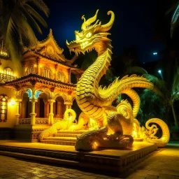 A yellow palace with glowing light dragons designed in Hawaiian tiki statues painted by Vincent van Gogh