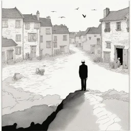 a alone man. pen and ink, birds eye view, illustrated by hergé, Background space and earth