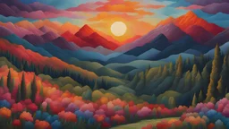 embroidery Sunrise over the mountains + handcrafted embroidered fabric+ 4K + high resolution + high depth of field + brilliant colours in Gouache Style, Watercolor, Museum Epic Impressionist Maximalist Masterpiece, Thick Brush Strokes, Impasto Gouache, thick layers of gouache watercolors textured on Canvas, 8k Resolution, Matte Painting +