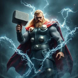 Ultra realistic full body sho powerful image of the Mighty male Thor, wielding his hammer and surrounded by a swirling storm of energy. (((realism, realistic, realphoto, photography, portrait, , realistic, beautiful, images full hd, 64k, highest