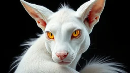 white stylish with textured ears with tufted tips and a subtle pink interior, long and white, sharp jawline and high cheekbones, piercing yellow deep galaxies bright glowing aura with vertical pupils and a golden ring around the iris, soft and white fur trim on shoulders that's longest at the back, intricate subtle and shimmering silver scales on arms