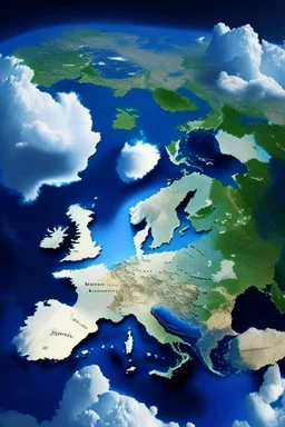 European countries are viewed from space, roads, cities, signs are visible. Highlight the names of the countries on the map. The clouds are naturalistic