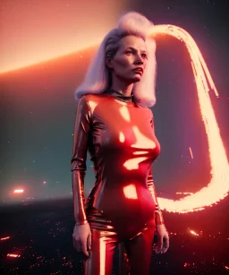 retro sci-fi portrait image from 1980, Los Angeles street explosions, fire, scared people, blonde woman walking, sweet Kate moss face, tight latex suit, soft color, highly detailed, unreal engine 5, ray tracing, RTX, lumen lighting, ultra detail, volumetric lighting, 3d, finely drawn, high definition, high resolution.