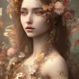 perfect woman, plant metal, feathers, long hair, butterflies, branches, plants, flower background, face paint, intricate, oil on canvas, masterpiece, expert, insanely detailed, 4k resolution, cinematic smooth, intricate detail, soft smooth lighting, rembrandt style