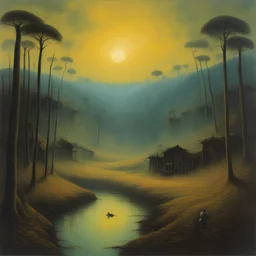 [art by Zdzisław Beksiński] An african-Nigerian village rich in the Igbo culture and resources, surrounded by dense forests and rive