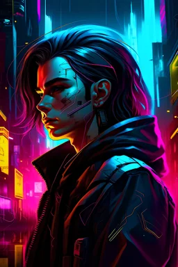 Generate a dynamic and cyberpunk-inspired portrait of Kerry Eurodyne, a charismatic and enigmatic rockerboy from the Cyberpunk universe, capturing his rebellious spirit and iconic style amidst the neon-lit cityscape.