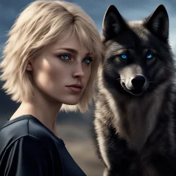 ultra realistic photograph of a very thin young woman with short blonde hair and blue eyes wearing a loose black teeshirt standing next to a black wolf