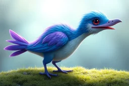 adorable blue and purple bird, elongated like a dino and fluffy like in an dreamlike animation, with a weasel face