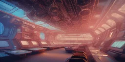 Spaceship indoor, ultra realistic, intricate details, ultra highly detailed, shiny, smooth, studio quality, octane render, Surrealism, Triadic colour scheme,glow-stick, ambient lighting,nightclub lighting, polaroid, 100mm, --ar 1:1 --v4