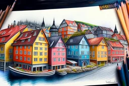 Colored pencil drawing, Very detailed, Drawing of the colorfull houses in the city Bergen in Norway. Colorfull, professional, detailed, pencil strokes, calm composition, zoom out, very detailed and realistic