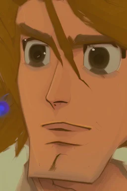 Redraw the cartoon character and fix the image resolution His hair is brown and long, but messy. His lips are closed, showing his bravery. His eyes are lined, showing his determination. He has shadows under his eyes, showing his stress and convert the drawing view 3D panel style digital Painting detailed with a panoramic scene Ultra-wide angle Highly realistic precise details Detailed