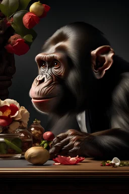 photo of [close-up view fashion Chimpanzee side profile monocle sits and posing at a table with food and flowers], by Peter Lippmann, in the style of baroque-inspired still lifes, anthropomorphic, [brown and beige and vivid red], moody tonalism, app logo, aetherclockpunk, lively tableaus, dutch genre scenes, historical genre scenes, nocturne, eye-catching --v 5.2