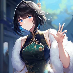 Clear focus,High resolution, Black short fluffy hair, and blue eyes, wearing a Chinese Traditional outfit, Blushing, Hand up