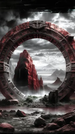 image of A rocky portal of a strange ring with strange symbols on it , the world of gray. those in the grayscale. Those beyond the portal in the color world are scary a stormy wether in the. Background in fine lines draw