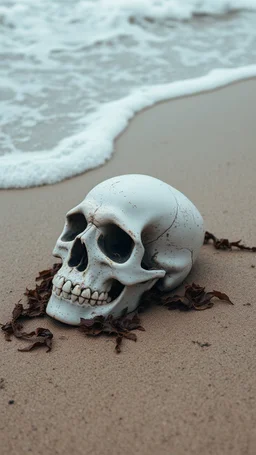 A skull covered with sea weed laying on the beach with a rough waves