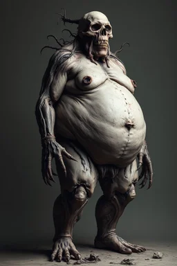The full body of a fat man standing , decayed and rotting with grotesque proportions and imagery. surreal horror, biomechanical design, by hr giger and beksinski