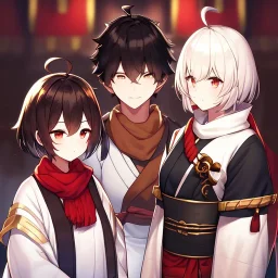 Clear Focus, High resolution, white fluffy short hair with one red streak in hair, ahoge, wearing a red black and golden scarf, short sleeve is white and a slight hint of red, top half of body is a samurai outfit, one side is white and other is black and red, sleeve 2 is black but the at the end its a wavy gold, wearing a black short skirt,