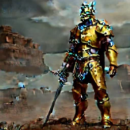 a lone paladin wearing golden armor, no helmet, medieval battle background