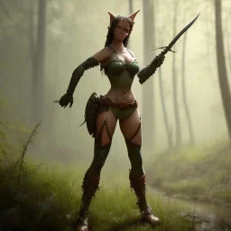 franz frazetta styl, cute elf hunter in the forest clearing