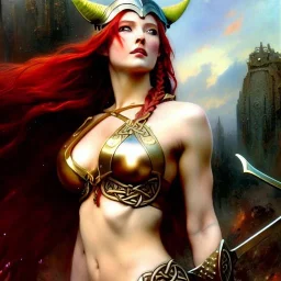 portrait 'beautiful Sexy busty Redhead Sif',Braids,horned helmet, celtic tattoed,painting by gaston bussiere, greg rutkowski, yoji shinkawa, yoshitaka amano, tsutomu nihei, donato giancola, tim hildebrandt, oil on canvas, cinematic composition, extreme detail,fit full head inside picture,32k