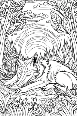 Coloring page for kids, cute sleeping wolf in the forest, thick lines