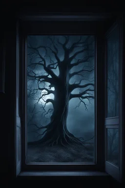 Midnight Whispers ghost big window showing a scary tree on the outside